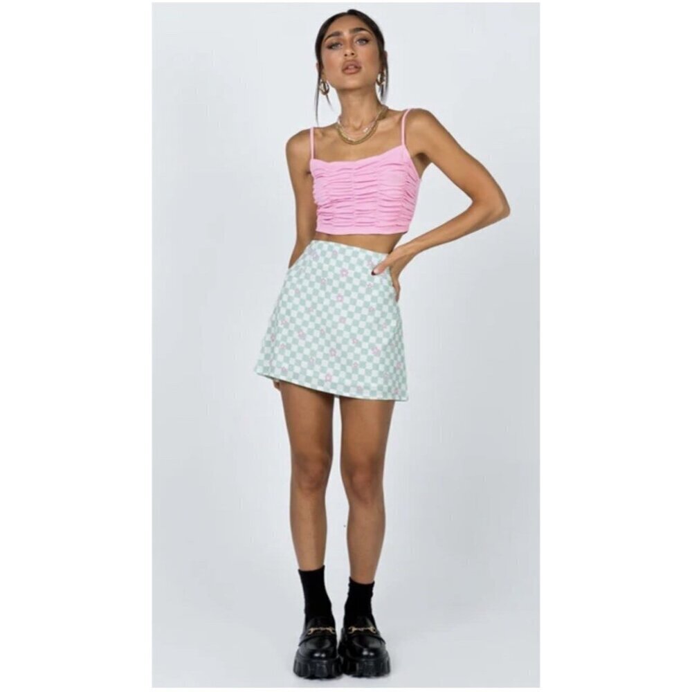 Princess Polly Selby Mini Skirt Green Floral Check Size 8 NWT